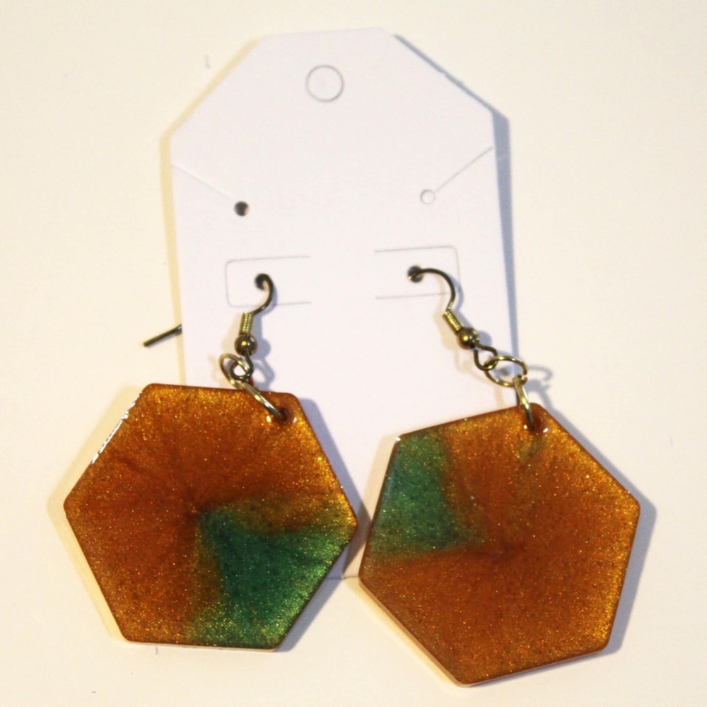 Hexagonal Gold and Green Earrings